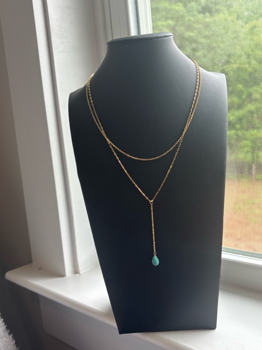 Gold Plated Lariat Necklace Turquoise Teardrop Pendant Y Necklace Layered Boho - Picture 2 of 16